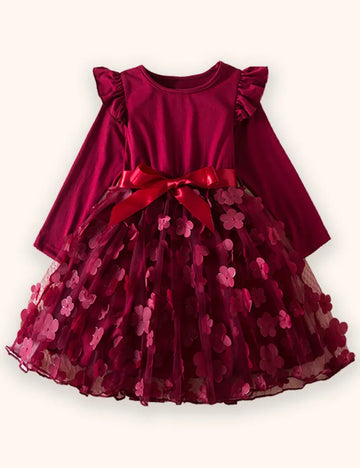 3D Flower Long Sleeve Tulle Dress